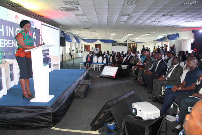 Ms Ursula Owusu-Ekuful, Minister of  Communications, addressing participants in the Tech in Ghana Conference at the Accra Digital Centre.
